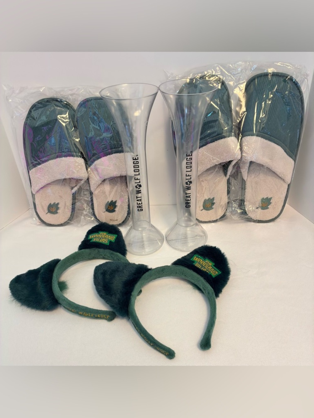 Great Wolf Lodge The Woodland Villas Souvenir Slippers/ Drink Glasses/ Wolf Ears